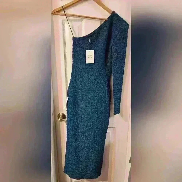 NWT BARDOT Crinkle One Shoulder Dress In Teal - Picture 8 of 8